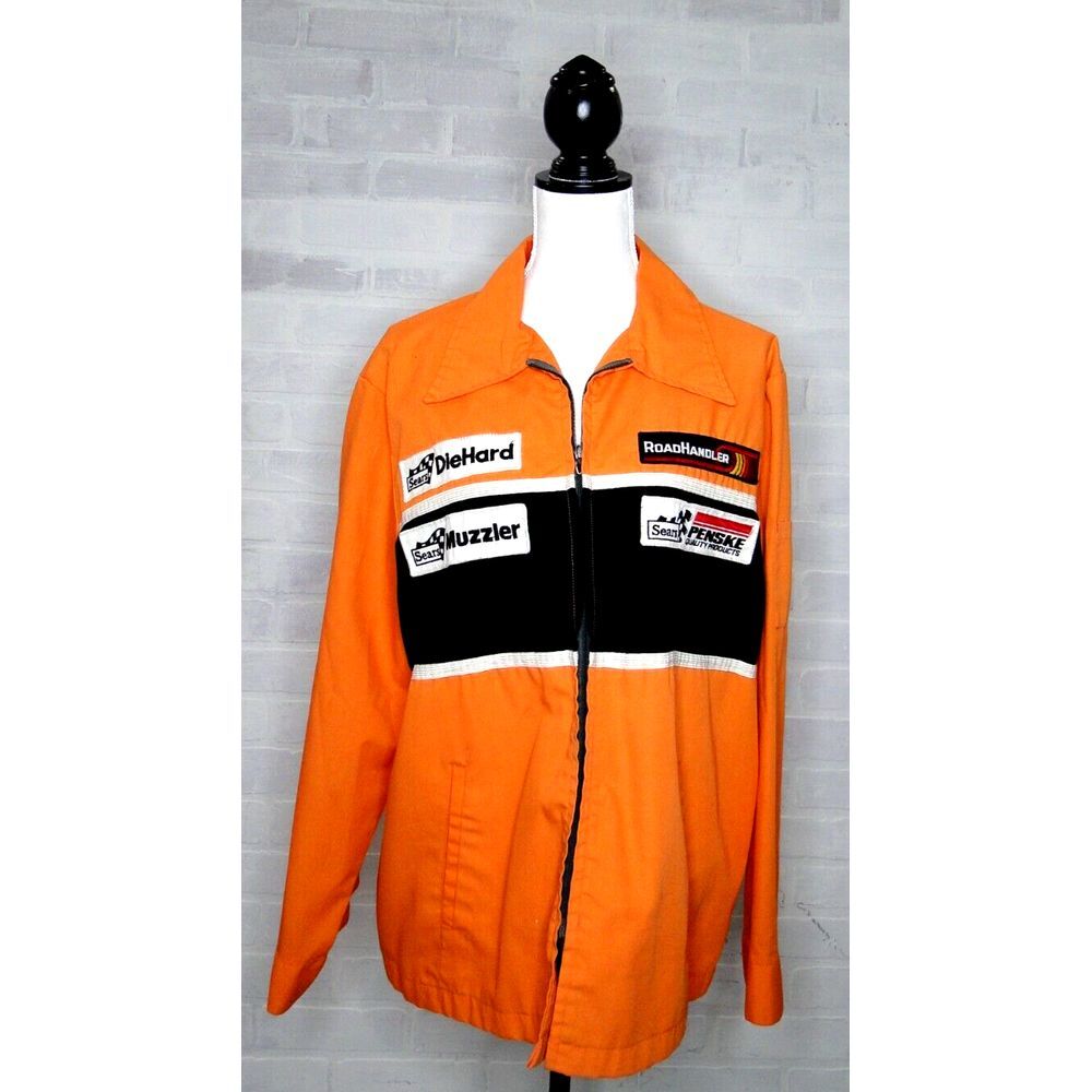 Vintage 70s Sears Jacket Men Large Orange Pit Crew Coat Penske DieHard Racing L